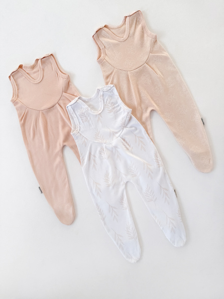 Комплект нательный 3 предмета (ползунки высокие на кокетке) "Silver Kids" (56, бежевый,листочки,веточки)